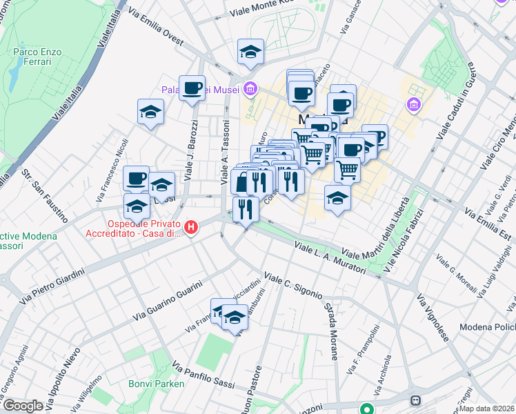 map of restaurants, bars, coffee shops, grocery stores, and more near 159 Corso Canal Chiaro in Modena