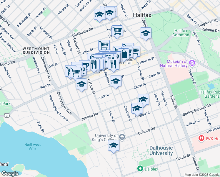 map of restaurants, bars, coffee shops, grocery stores, and more near in Halifax