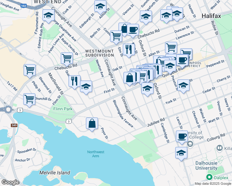 map of restaurants, bars, coffee shops, grocery stores, and more near 6625 Quinpool Road in Halifax