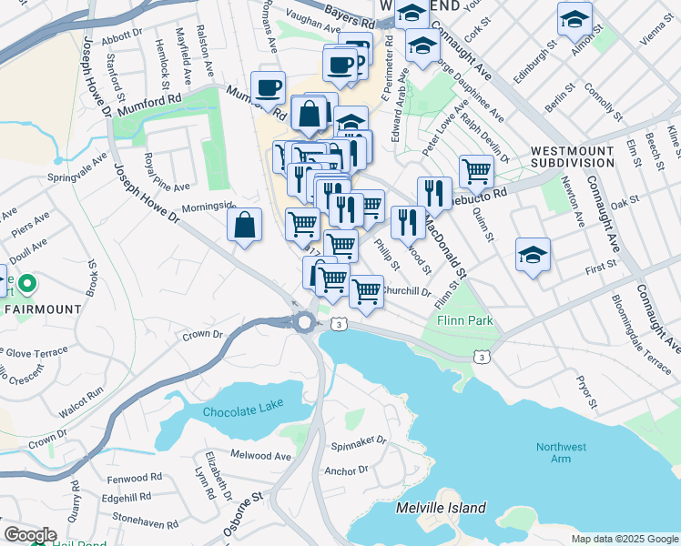 map of restaurants, bars, coffee shops, grocery stores, and more near in Halifax