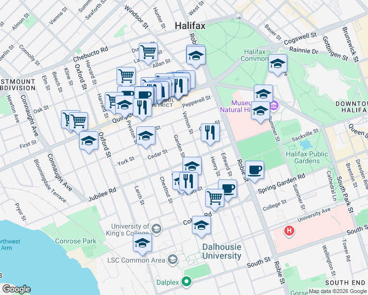 map of restaurants, bars, coffee shops, grocery stores, and more near 6146 Cedar Street in Halifax