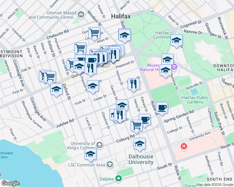 map of restaurants, bars, coffee shops, grocery stores, and more near 6146 Cedar Street in Halifax