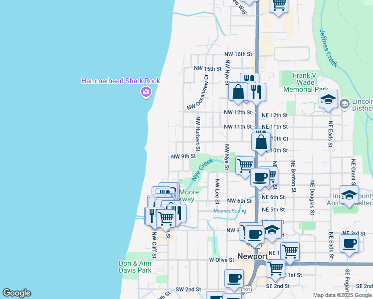 map of restaurants, bars, coffee shops, grocery stores, and more near 906 Northwest Spring Street in Newport
