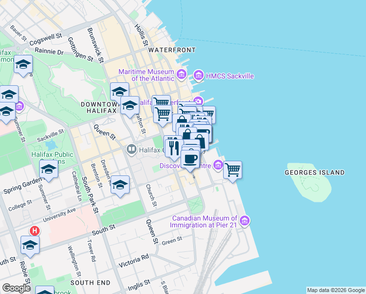 map of restaurants, bars, coffee shops, grocery stores, and more near 5132 Bishop Street in Halifax