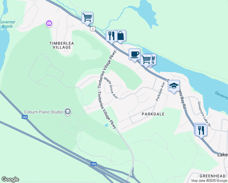 map of restaurants, bars, coffee shops, grocery stores, and more near 197 Maple Grove Avenue in Timberlea