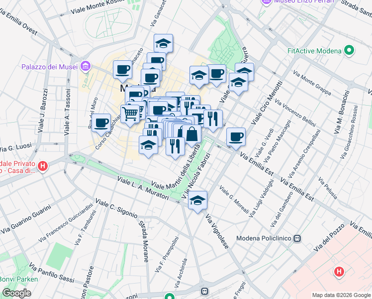 map of restaurants, bars, coffee shops, grocery stores, and more near 87 Rua Pioppa in Modena