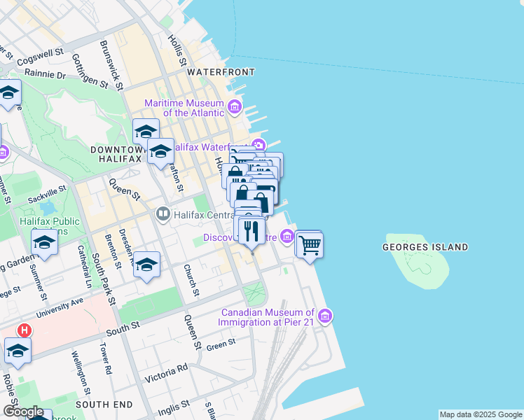 map of restaurants, bars, coffee shops, grocery stores, and more near 1477 Lower Water Street in Halifax