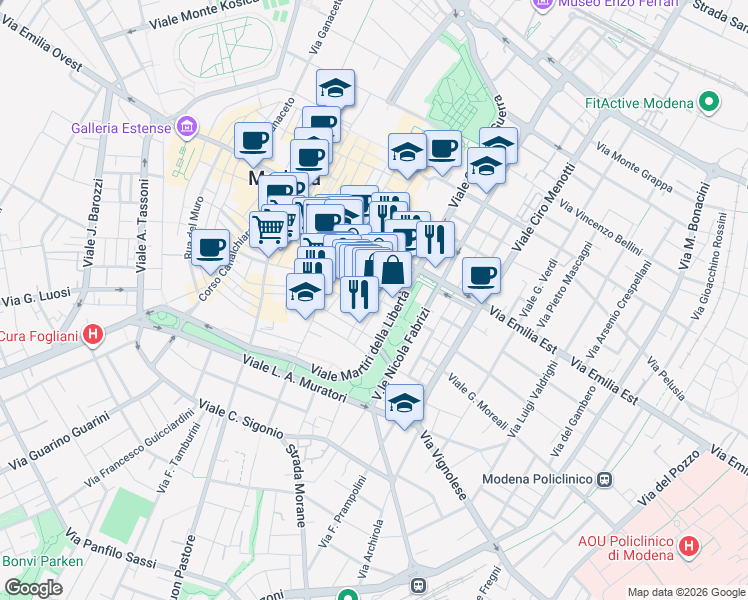 map of restaurants, bars, coffee shops, grocery stores, and more near 87 Rua Pioppa in Modena