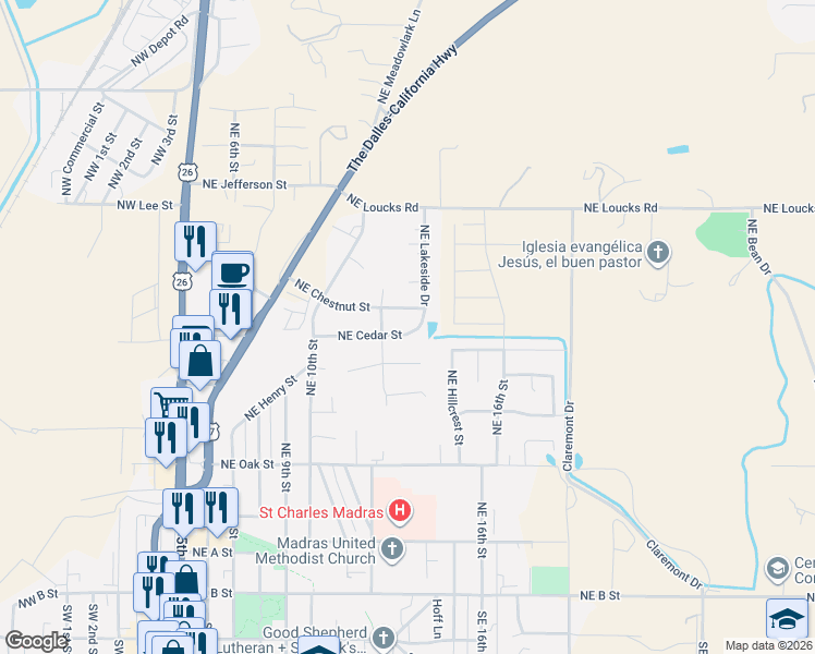 map of restaurants, bars, coffee shops, grocery stores, and more near 444 Northeast Cedar Street in Madras