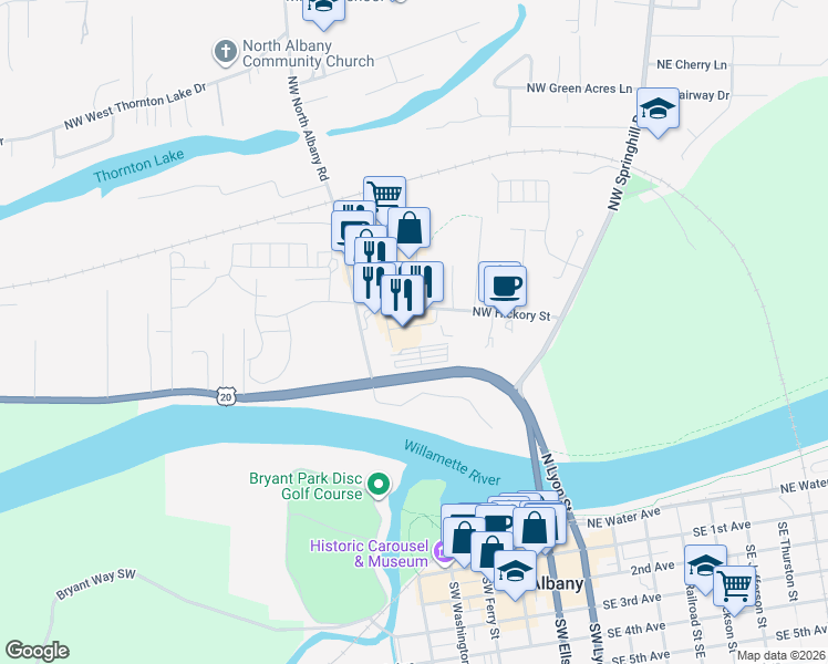 map of restaurants, bars, coffee shops, grocery stores, and more near 540 Northwest Hickory Street in Albany