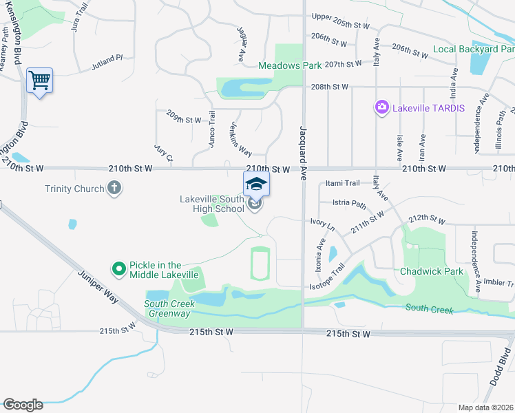 map of restaurants, bars, coffee shops, grocery stores, and more near 21135 Jacquard Avenue in Lakeville