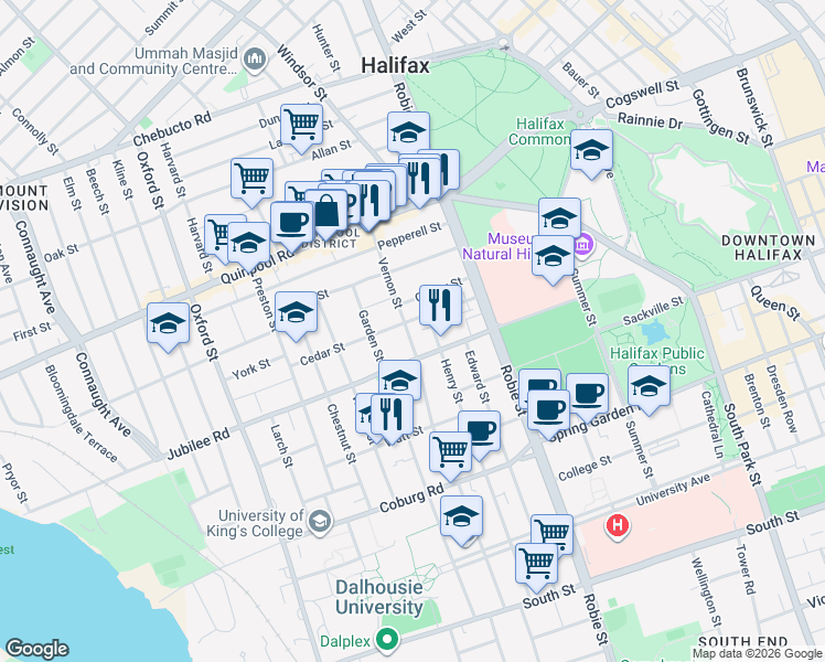 map of restaurants, bars, coffee shops, grocery stores, and more near in Halifax