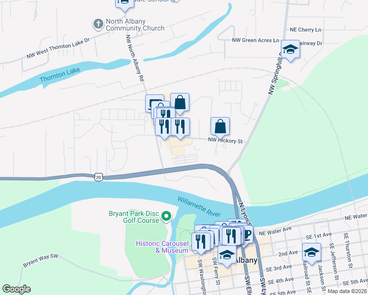 map of restaurants, bars, coffee shops, grocery stores, and more near 540 Northwest Hickory Street in Albany