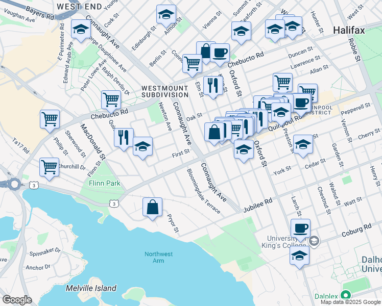 map of restaurants, bars, coffee shops, grocery stores, and more near 6614 First Street in Halifax