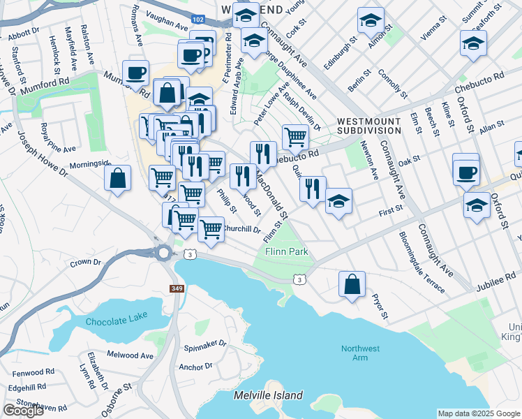 map of restaurants, bars, coffee shops, grocery stores, and more near 6961 Patricia Street in Halifax