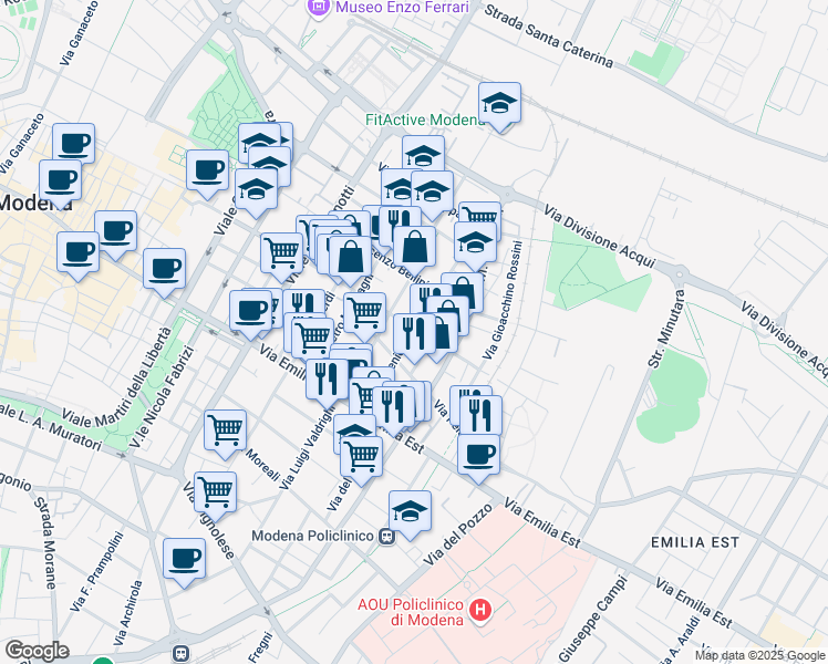 map of restaurants, bars, coffee shops, grocery stores, and more near 66-112 Via Arsenio Crespellani in Modena