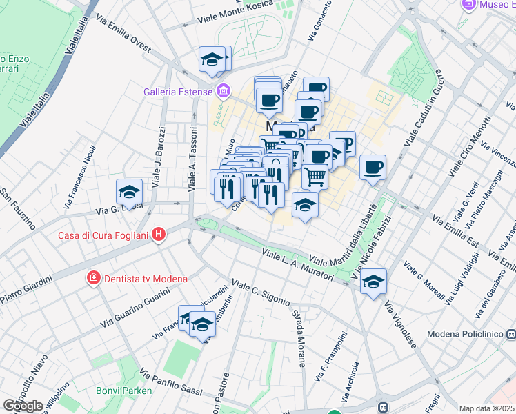 map of restaurants, bars, coffee shops, grocery stores, and more near 54 Via San Paolo in Modena