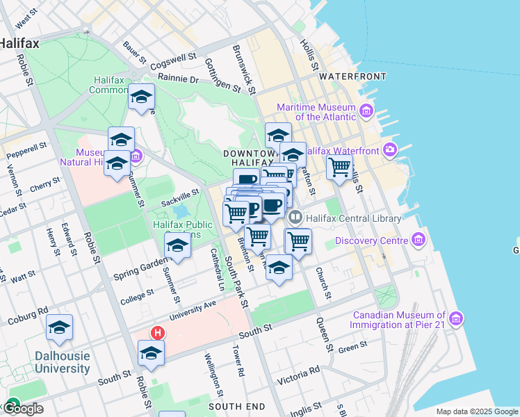 map of restaurants, bars, coffee shops, grocery stores, and more near 1530 Birmingham Street in Halifax