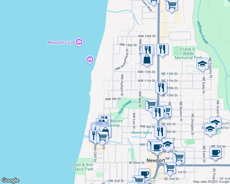 map of restaurants, bars, coffee shops, grocery stores, and more near 906 Northwest Spring Street in Newport