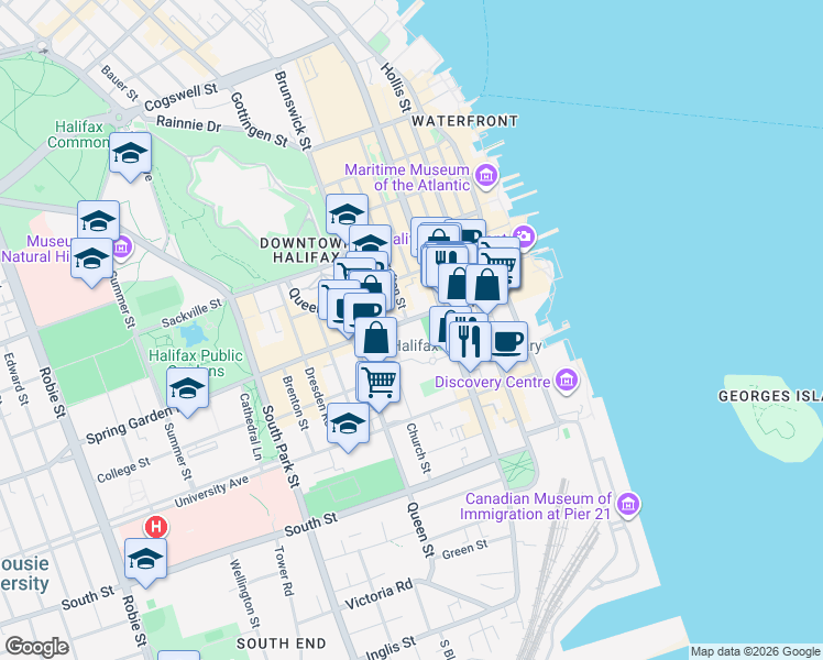 map of restaurants, bars, coffee shops, grocery stores, and more near in Halifax
