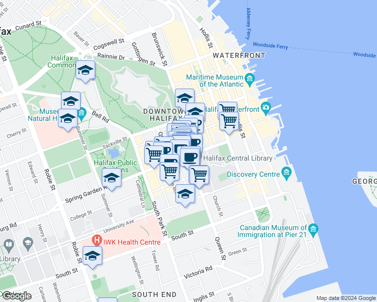 map of restaurants, bars, coffee shops, grocery stores, and more near 5475 Spring Garden Road in Halifax