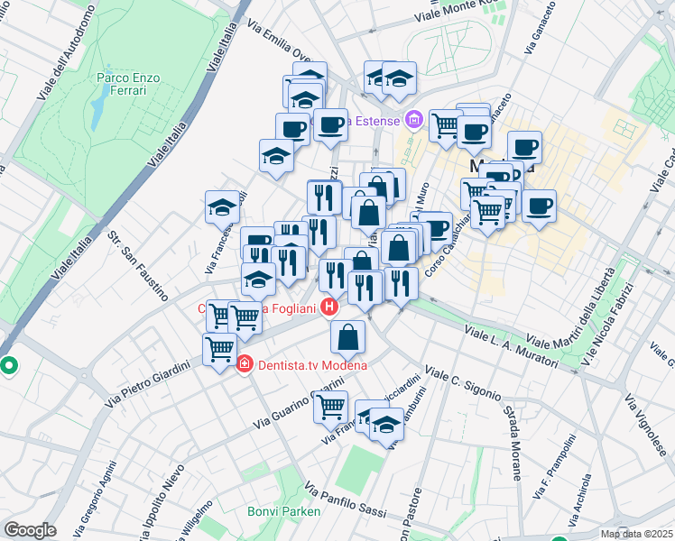 map of restaurants, bars, coffee shops, grocery stores, and more near 140 Via Pietro Giardini in Modena