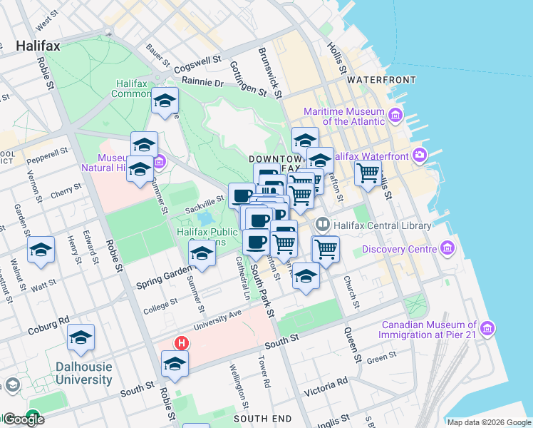 map of restaurants, bars, coffee shops, grocery stores, and more near 1550 Dresden Row in Halifax