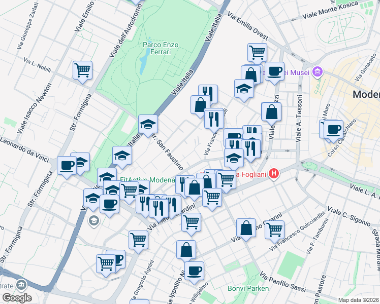 map of restaurants, bars, coffee shops, grocery stores, and more near 6 Via Francesco Stringa in Modena