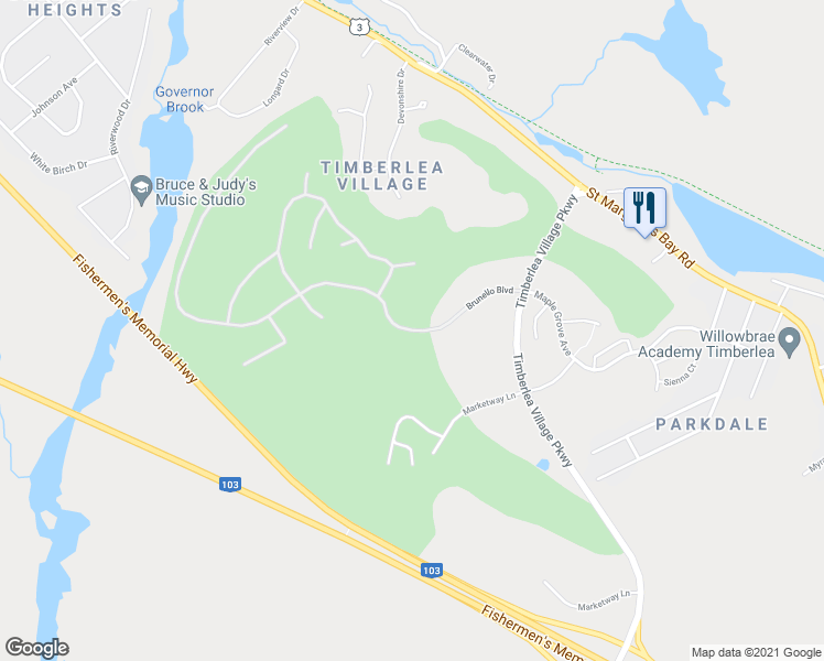 map of restaurants, bars, coffee shops, grocery stores, and more near 140 Brunello Boulevard in Timberlea