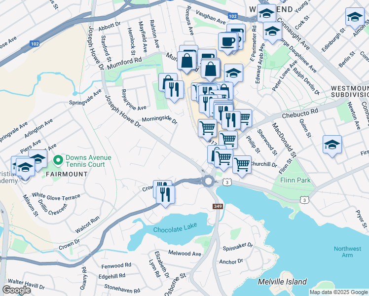 map of restaurants, bars, coffee shops, grocery stores, and more near 2695 Joseph Howe Drive in Halifax