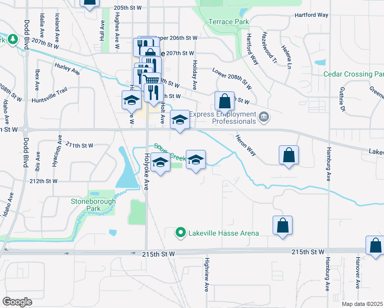 map of restaurants, bars, coffee shops, grocery stores, and more near 21315 Heywood Ave in Lakeville