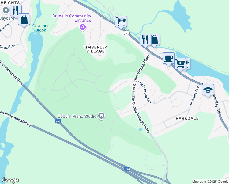 map of restaurants, bars, coffee shops, grocery stores, and more near 98 Brunello Boulevard in Timberlea