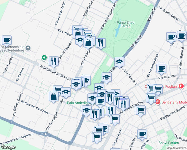 map of restaurants, bars, coffee shops, grocery stores, and more near 22 Via Monsignor Luigi della Valle in Modena