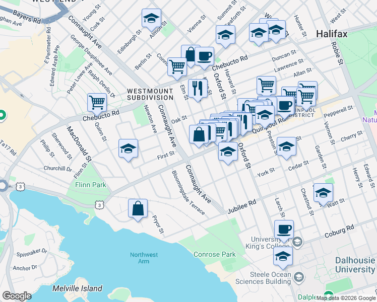 map of restaurants, bars, coffee shops, grocery stores, and more near 6583 Quinpool Road in Halifax