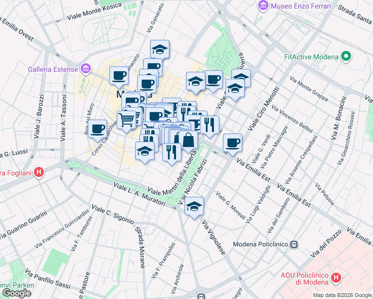 map of restaurants, bars, coffee shops, grocery stores, and more near 87 Rua Pioppa in Modena