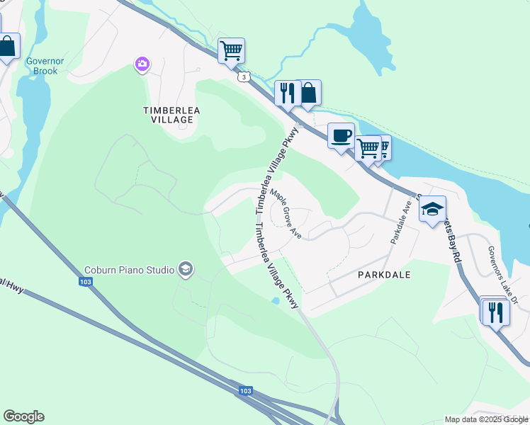 map of restaurants, bars, coffee shops, grocery stores, and more near 33 Merlot Court in Timberlea