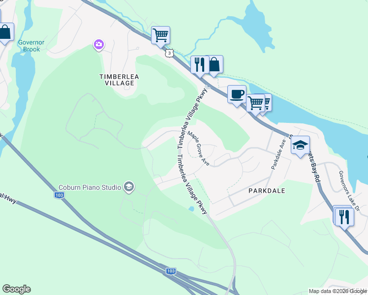 map of restaurants, bars, coffee shops, grocery stores, and more near 33 Merlot Court in Timberlea