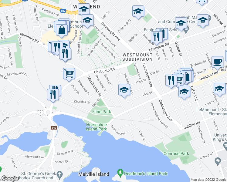 map of restaurants, bars, coffee shops, grocery stores, and more near Quinn Street in Halifax