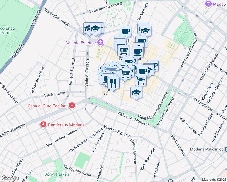 map of restaurants, bars, coffee shops, grocery stores, and more near 54 Via San Paolo in Modena
