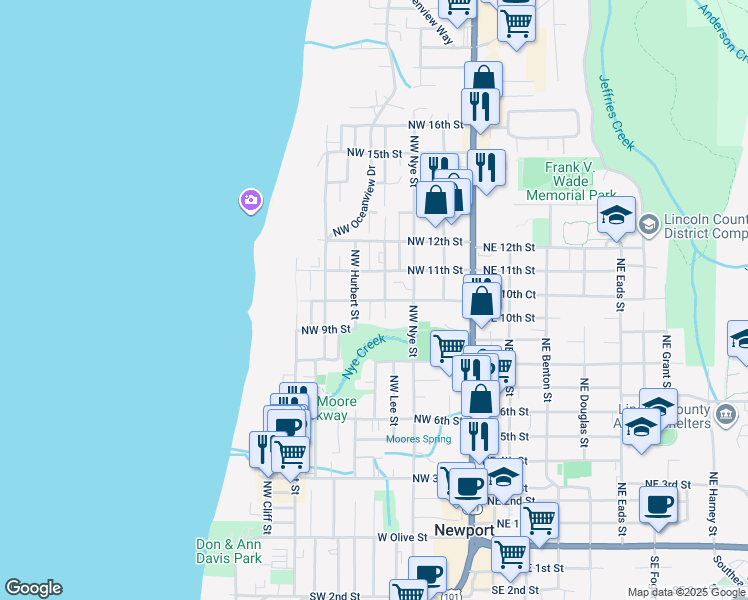 map of restaurants, bars, coffee shops, grocery stores, and more near 421 Northwest 11th Street in Newport