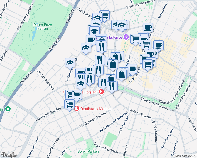 map of restaurants, bars, coffee shops, grocery stores, and more near 42 Via Fulvio Testi in Modena