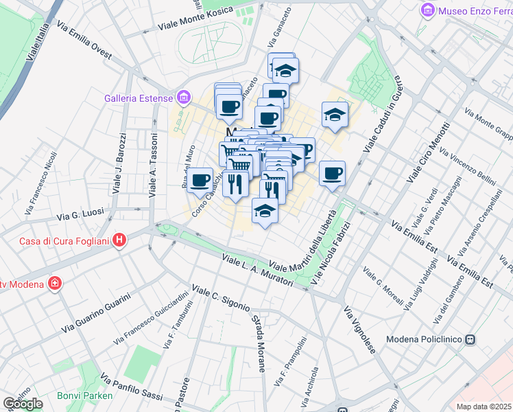 map of restaurants, bars, coffee shops, grocery stores, and more near 5 Via Mondatora in Modena