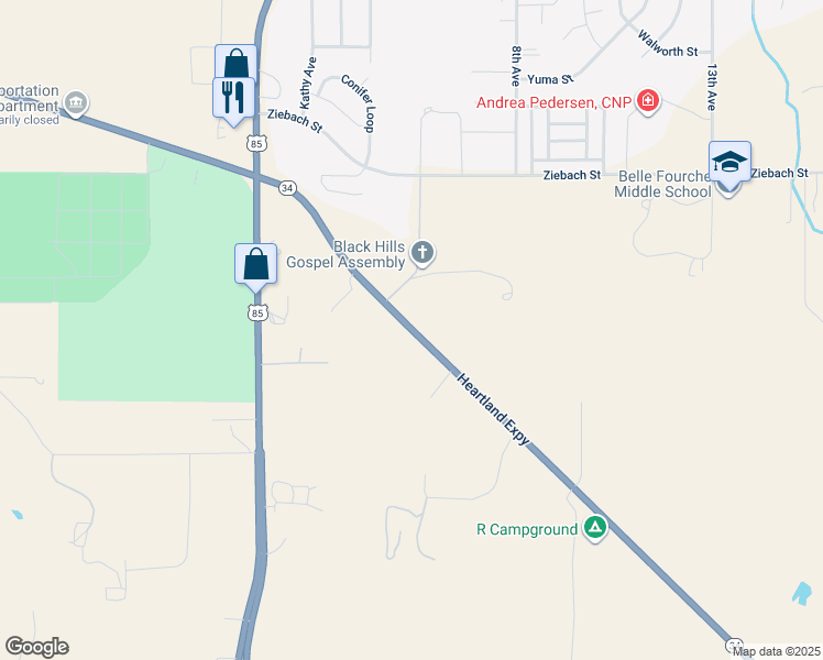 map of restaurants, bars, coffee shops, grocery stores, and more near 10988 South Dakota 34 in Belle Fourche