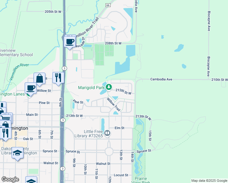 map of restaurants, bars, coffee shops, grocery stores, and more near 3090 212th Street West in Farmington