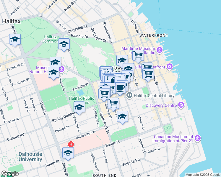 map of restaurants, bars, coffee shops, grocery stores, and more near 5530 Artillery Place in Halifax
