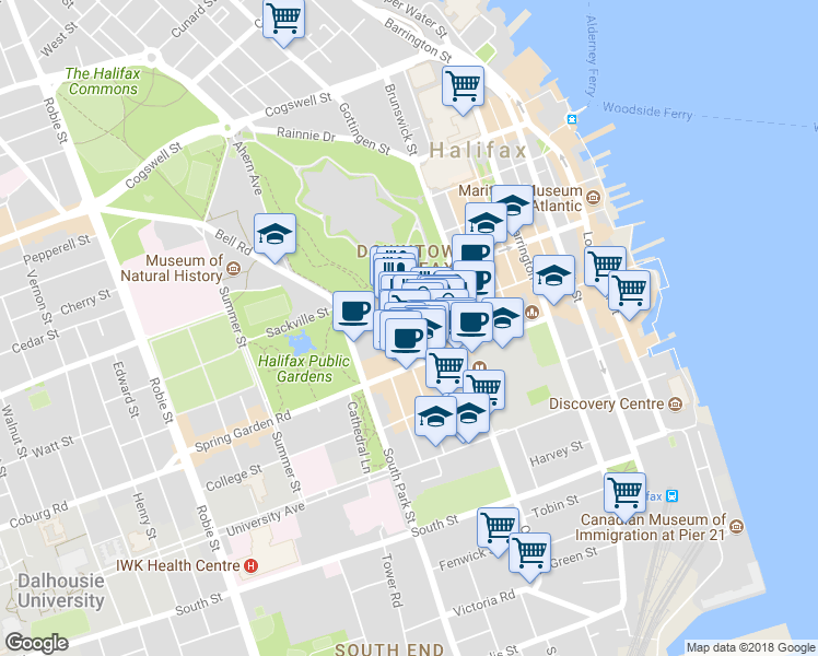 map of restaurants, bars, coffee shops, grocery stores, and more near 5480 Royal Artillery Court in Halifax