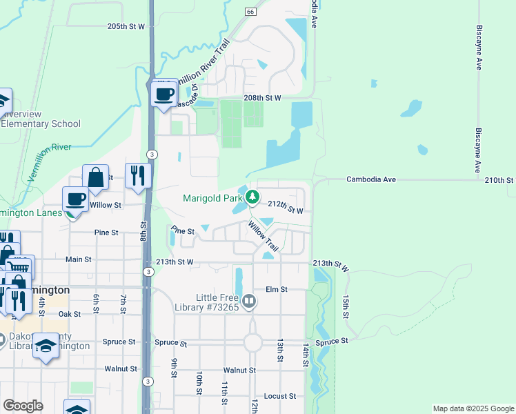 map of restaurants, bars, coffee shops, grocery stores, and more near 3100 212th Street West in Farmington