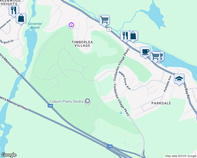map of restaurants, bars, coffee shops, grocery stores, and more near Brunello Boulevard in Timberlea