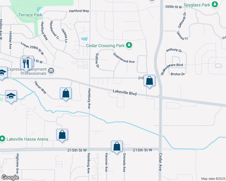 map of restaurants, bars, coffee shops, grocery stores, and more near Lakeville Boulevard in Lakeville