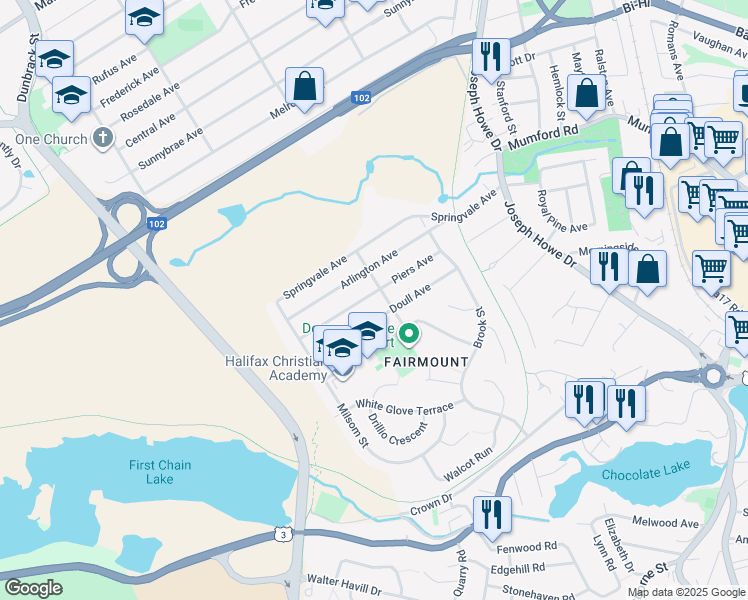map of restaurants, bars, coffee shops, grocery stores, and more near 28 Piers Avenue in Halifax